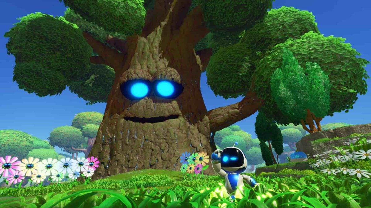 astro bot stood next to tree character in astro bot