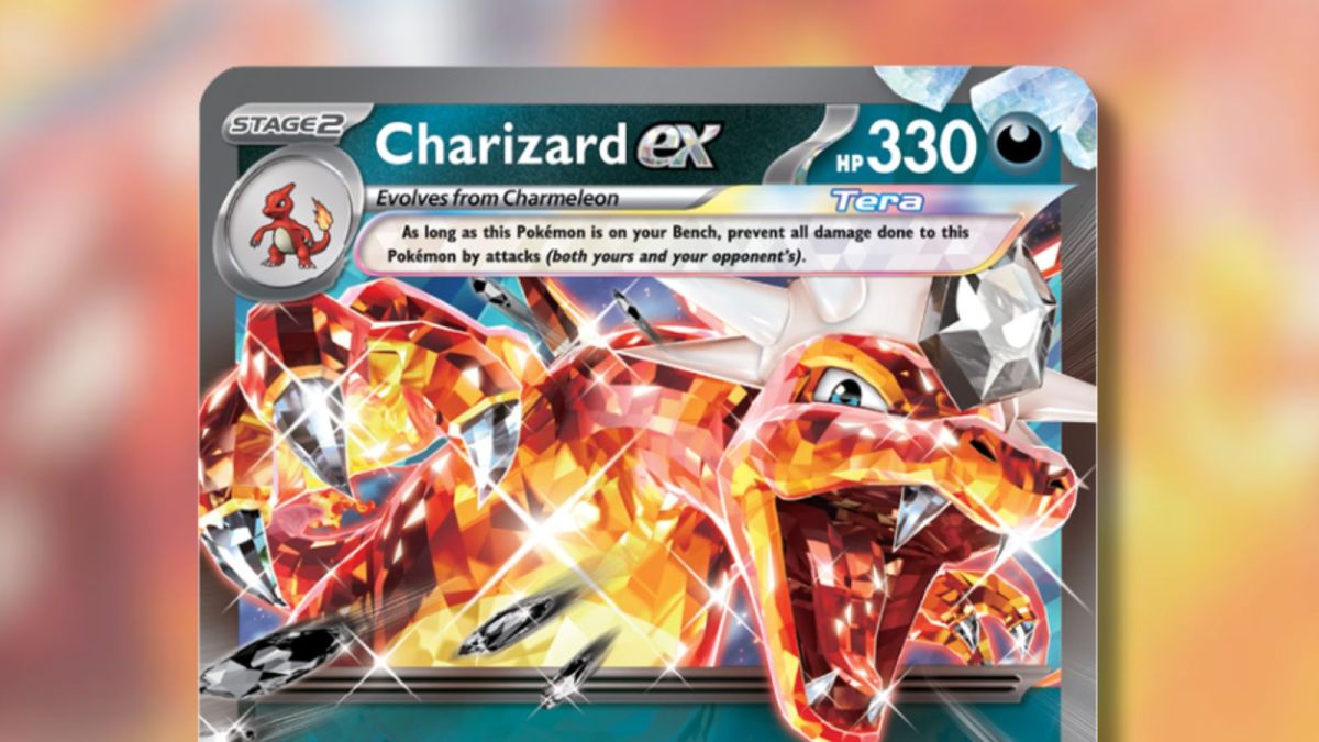 Charizard Pokemon card with blurred background.