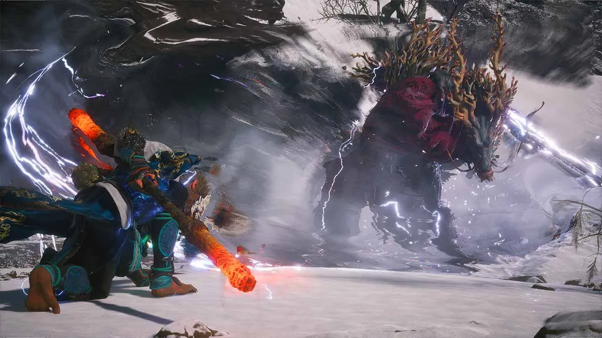 Monkey King Sun Wukong fighting a Yaoguai monster in the snowy lands of The New West