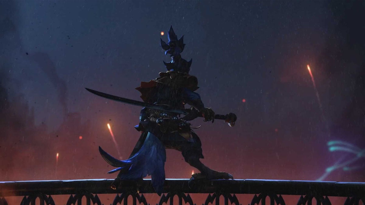 Kez, the Bird Samurai standing with his sword on a parapet