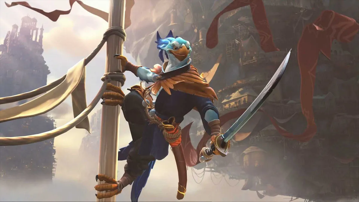 A bird holding a sword while swinging on a pole with a banner in Dota 2.