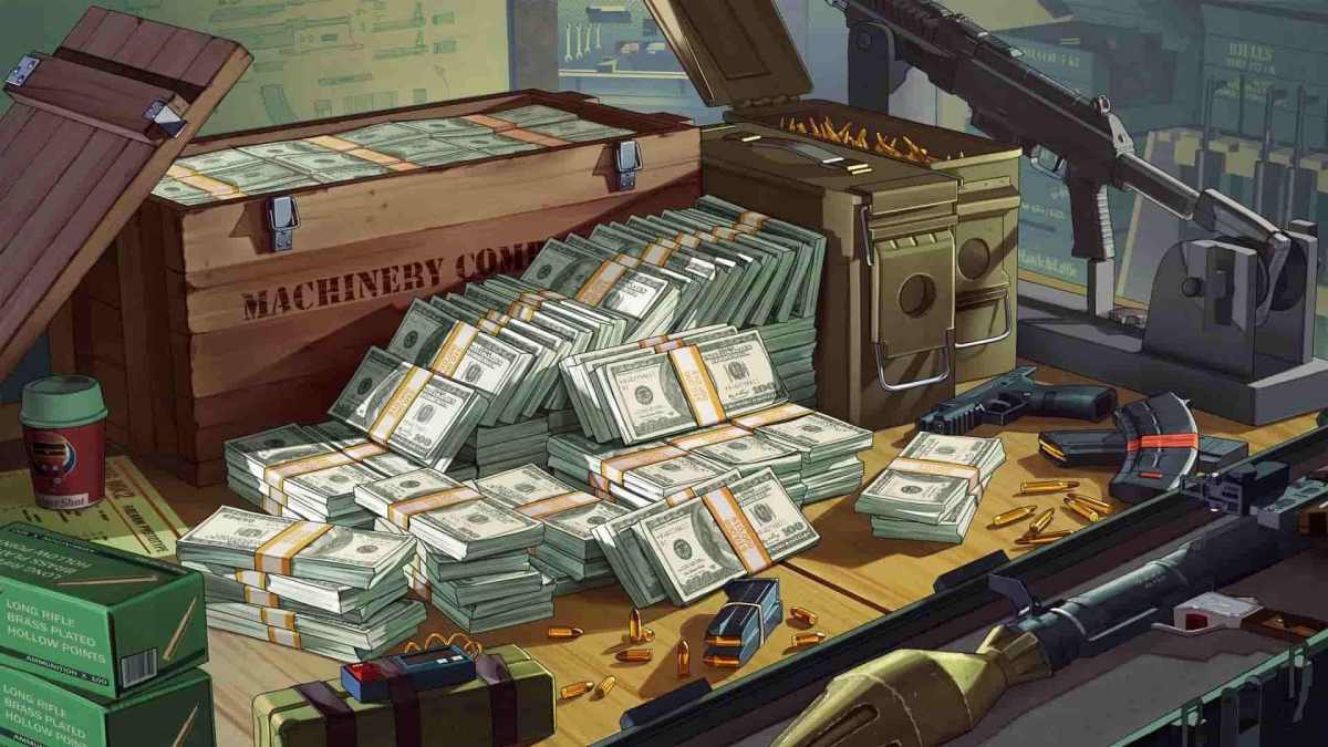 Money stacks and lots of guns in GTA 5