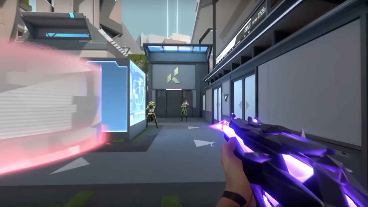 A player shoots at enemies with a glowing purple weapon