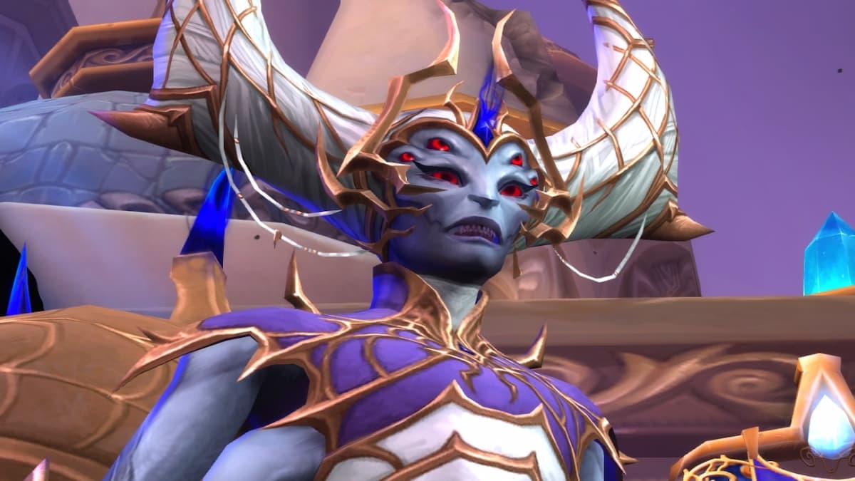 Queen Ansurek with red eyes and two other red eyes on either side with horn white hair plus purple and white outfit in WoW: The War Within